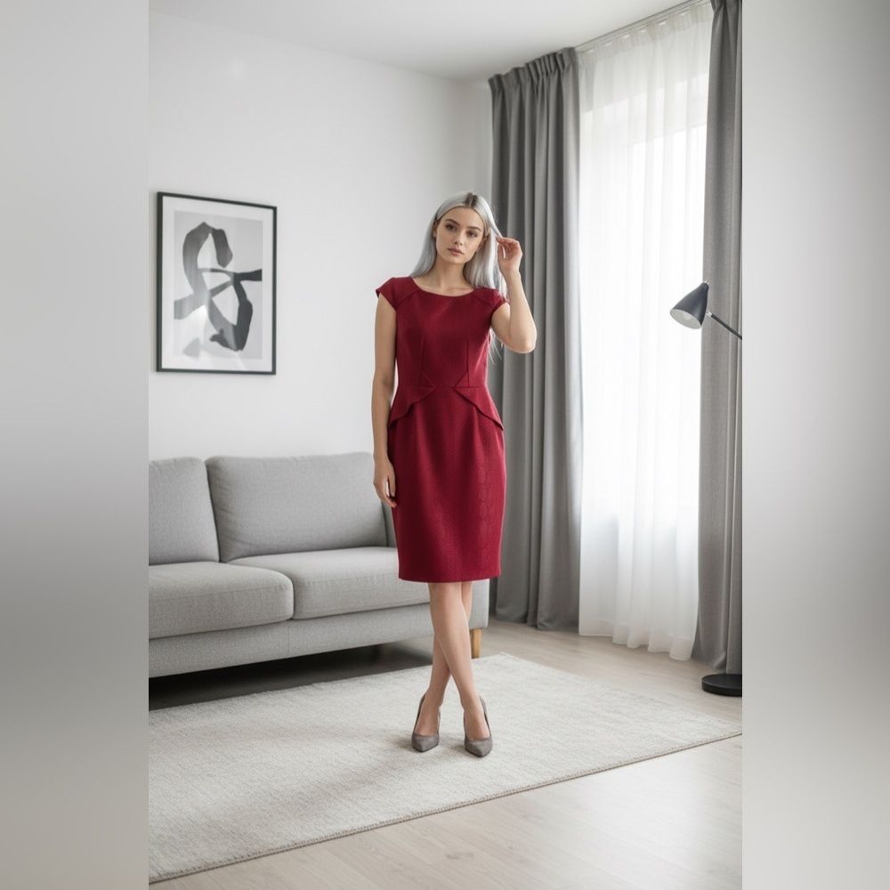 Adrianna Papell Cap Sleeve Boat Neck Fitted Red Texture Dress